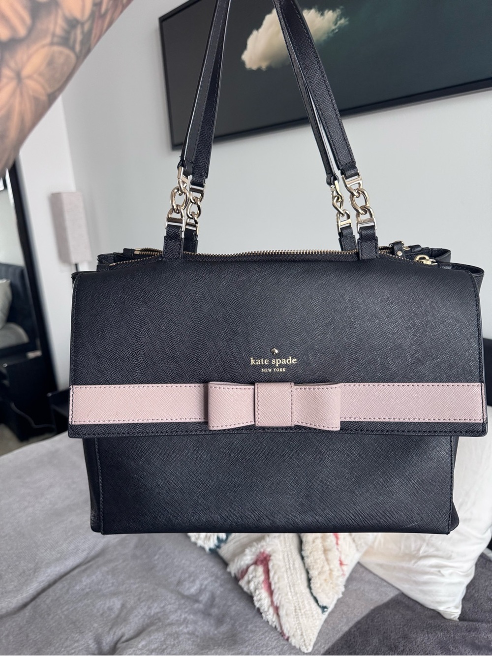 Kate Spade Black with Blush Bow-Trim Satchel - Picture 4 of 8